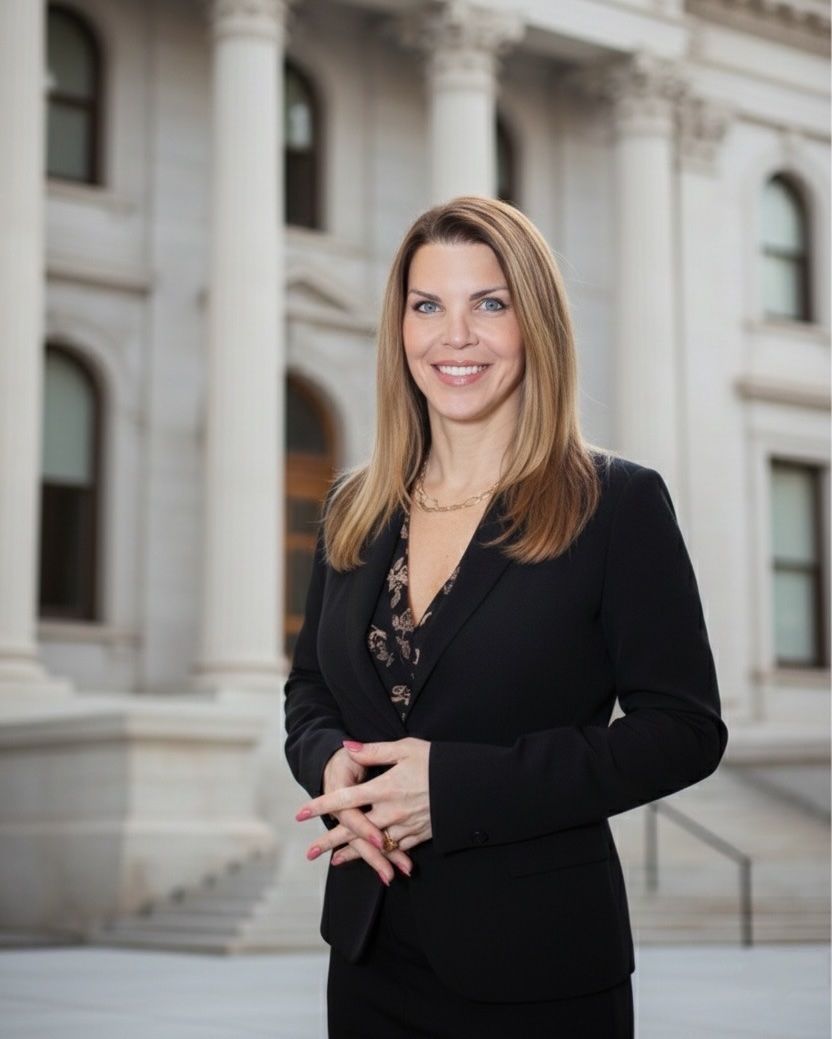 经验丰富的律师站在法院外，自信而专业地代表客户。