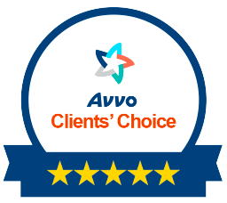 A badge that says avvo clients choice with five stars