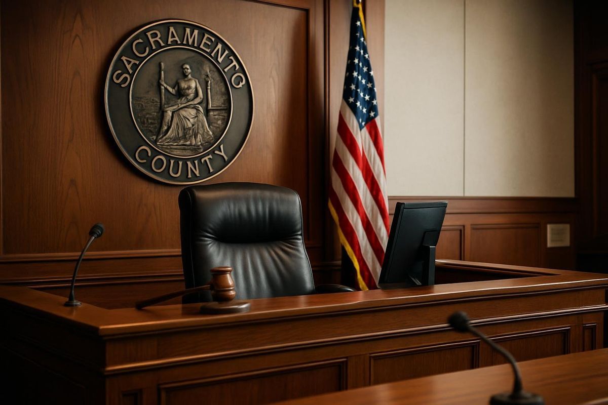 Courtroom interior in Sacramento County, focusing on judge's bench