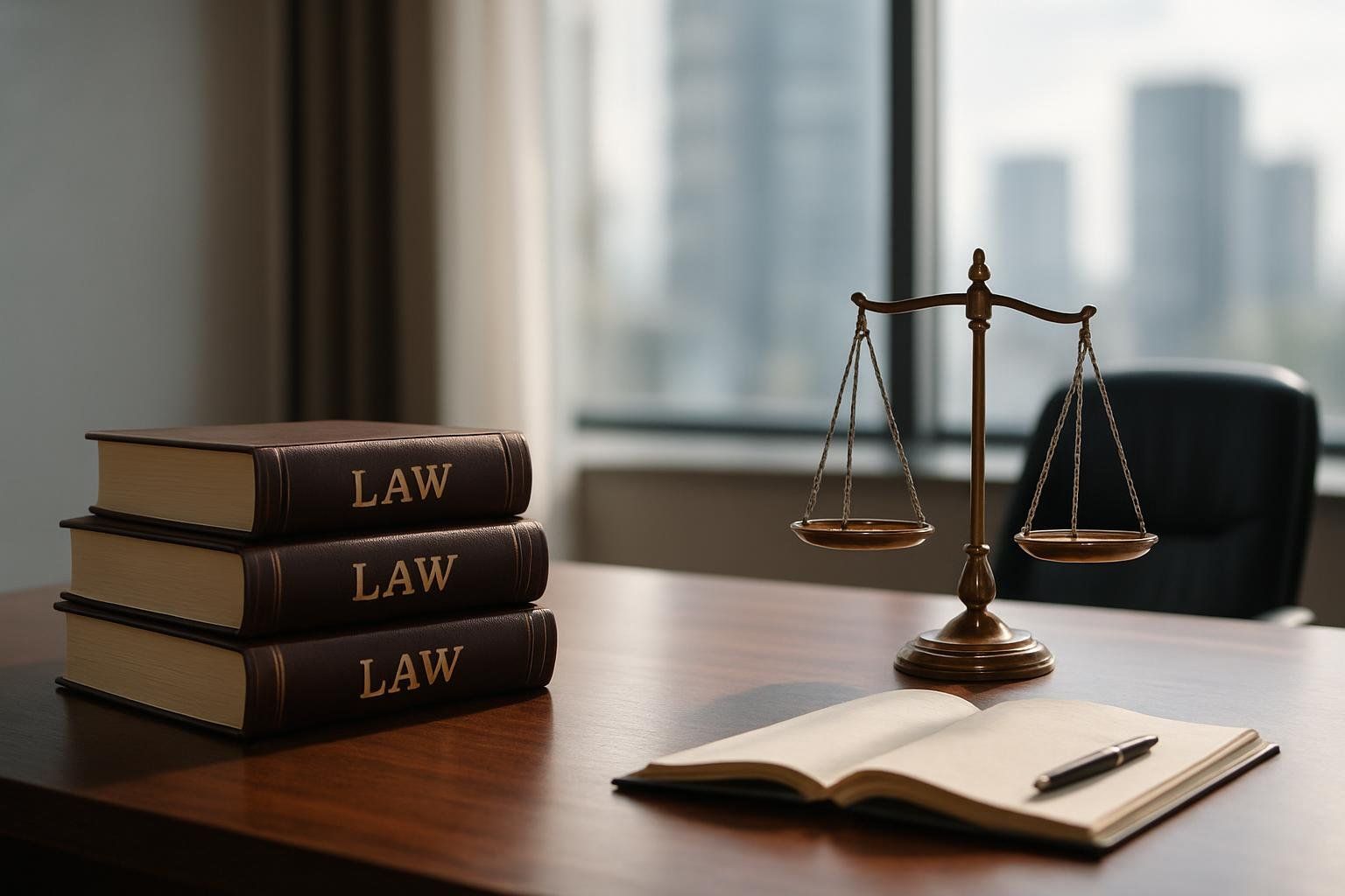 Modern law office interior with legal books and justice scale