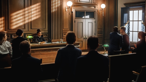 Court of Law and Justice Trial: Judge Ruling Out a Positive Decision in a Civil Family Case, Striking Gavel to End Hearing. Defendant Party is Happy, Barrister Cheering Client.